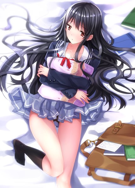 Anime picture 1018x1418 with kyoukai no kanata kyoto animation nase mitsuki swordsouls single long hair tall image black hair brown eyes hug girl skirt uniform school uniform socks book (books) black socks school bag