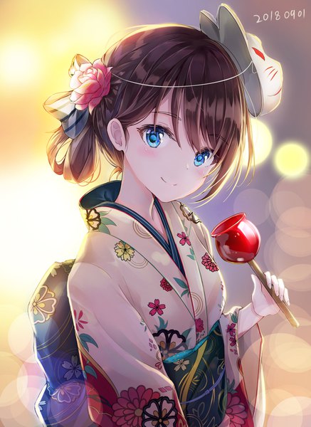 Anime picture 2703x3707 with original dana (hapong07) single tall image looking at viewer blush fringe highres short hair blue eyes smile hair between eyes brown hair standing traditional clothes japanese clothes hair flower wide sleeves lens flare floral print