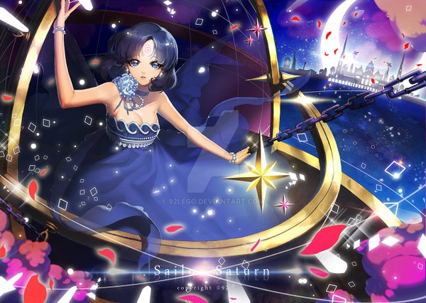 Anime picture 1280x910 with bishoujo senshi sailor moon toei animation tomoe hotaru princess saturn 92lego single looking at viewer short hair blue eyes bare shoulders holding signed blue hair wind night night sky character names facial mark spread arms crescent