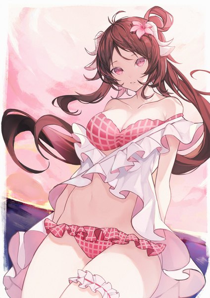 Anime picture 1800x2546 with arknights eyjafjalla (arknights) eyjafjalla (summer flower) (arknights) fanshu single long hair tall image highres breasts light erotic brown hair large breasts animal ears ponytail pink eyes hair flower horn (horns) dutch angle official alternate costume groin
