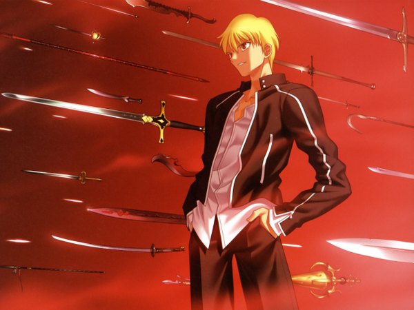 Anime picture 4844x3638 with fate (series) fate/stay night studio deen type-moon gilgamesh (fate) gilgamesh (immoral biker jacket) (fate) highres boy sword