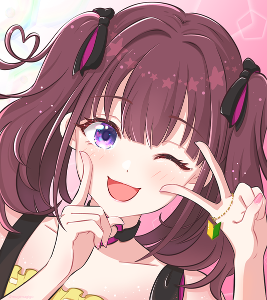 Anime picture 1280x1440 with virtual youtuber nijisanji nijisanji kr lee roha mugimugigo single long hair tall image looking at viewer blush open mouth brown hair purple eyes twintails one eye closed wink victory ;d heart of string girl
