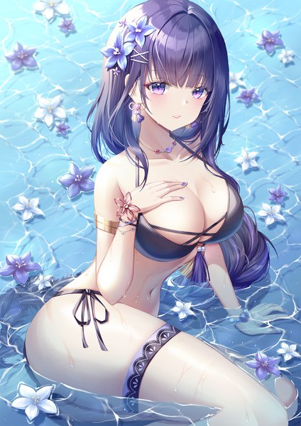 Anime picture 1500x2122 with genshin impact raiden shogun nowsicaa single long hair tall image looking at viewer blush fringe breasts light erotic large breasts purple eyes purple hair outdoors blunt bangs braid (braids) parted lips hair flower from above