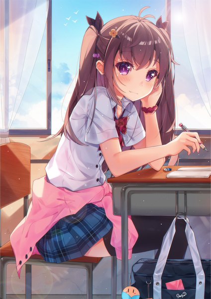 Anime picture 800x1132 with original dango remi single long hair tall image looking at viewer blush fringe smile brown hair sitting purple eyes holding signed sky cloud (clouds) ahoge indoors pleated skirt short sleeves