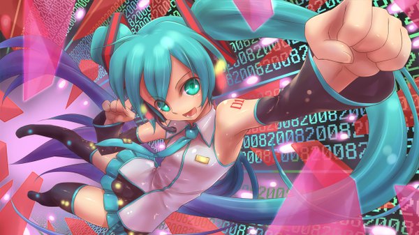 Anime picture 1244x700 with vocaloid hatsune miku tsukigami chronica long hair open mouth wide image twintails bare shoulders aqua eyes aqua hair girl thighhighs black thighhighs detached sleeves necktie thigh boots