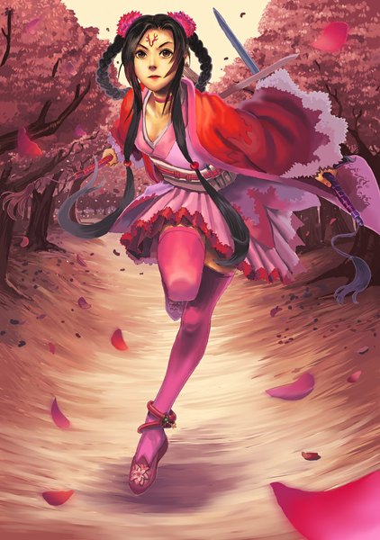 Anime picture 750x1066 with shinryushou (artist) long hair tall image black hair holding brown eyes braid (braids) very long hair lips cherry blossoms running girl thighhighs hair ornament weapon plant (plants) petals sword tree (trees) scrunchie