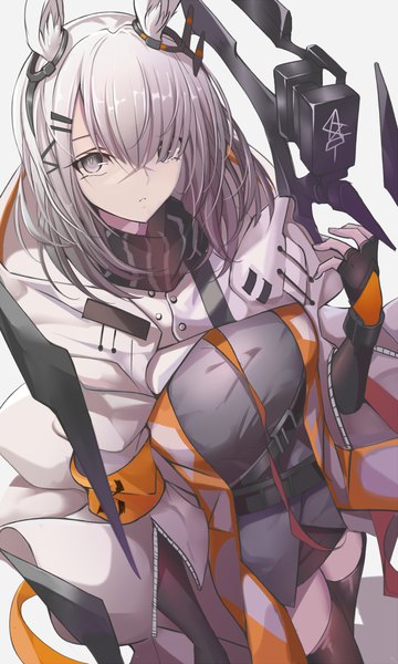 Anime picture 960x1600 with arknights frostnova (arknights) stratoz single long hair tall image looking at viewer fringe hair between eyes standing animal ears silver hair from above grey eyes bunny ears scar girl thighhighs gloves black thighhighs