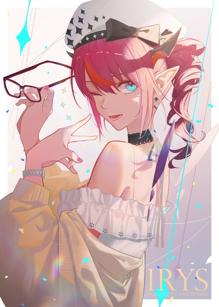 Anime-Bild 1689x2362 mit virtual youtuber hololive hololive english irys (hololive) reirz single long hair tall image looking at viewer open mouth blue eyes pink hair upper body nail polish one eye closed multicolored hair pointy ears wink streaked hair copyright name