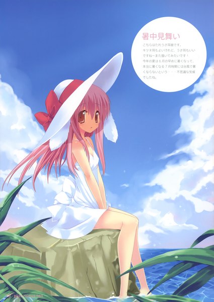 Anime picture 2855x4035 with original p19 single long hair tall image highres red eyes sitting pink hair cloud (clouds) girl hat sundress
