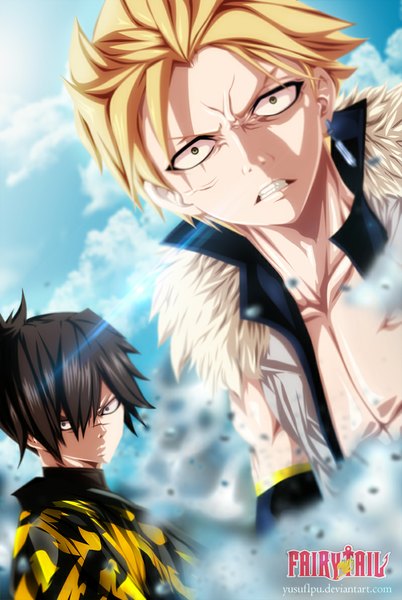 Anime picture 800x1192 with fairy tail sting eucliffe rogue cheney yusuflpu tall image short hair black hair blonde hair brown eyes sky cloud (clouds) sunlight inscription multiple boys copyright name coloring scar smoke muscle boy