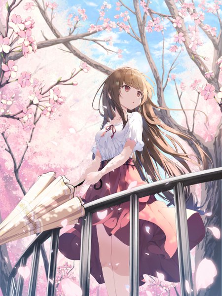 Anime-Bild 4500x6000 mit original keis (locrian1357) single long hair tall image blush fringe highres open mouth standing holding brown eyes looking away absurdres sky cloud (clouds) outdoors blunt bangs wind :o