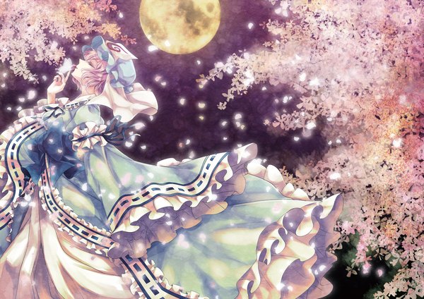 Anime-Bild 2339x1654 mit touhou saigyouji yuyuko kyoma single highres short hair pink hair eyes closed traditional clothes japanese clothes wind night wide sleeves cherry blossoms kiss girl flower (flowers) ribbon (ribbons) plant (plants) petals