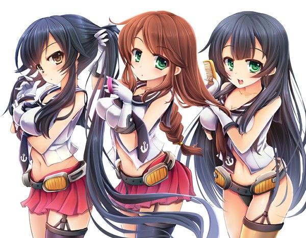 Anime picture 1024x799 with kantai collection yahagi light cruiser noshiro light cruiser agano light cruiser goushou long hair looking at viewer open mouth light erotic black hair brown hair white background multiple girls brown eyes green eyes very long hair midriff girl gloves navel