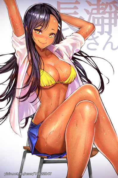 Anime picture 1732x2621 with ijiranaide nagatoro-san nagatoro hayase bugsing single long hair tall image looking at viewer blush fringe highres breasts light erotic black hair simple background smile large breasts sitting signed yellow eyes pleated skirt