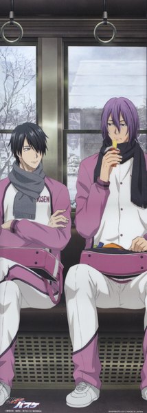 Anime picture 1641x4592 with kuroko no basket production i.g murasakibara atsushi himuro tatsuya kikuchi youko tall image short hair black hair sitting looking away purple hair light smile mole multiple boys mole under eye crossed legs city winter crossed arms snow