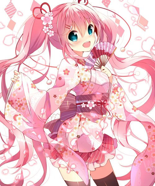 Anime picture 833x1000 with vocaloid hatsune miku sakura miku ikari (aor3507) single tall image looking at viewer blush open mouth twintails pink hair very long hair traditional clothes japanese clothes hair flower aqua eyes girl thighhighs hair ornament flower (flowers)