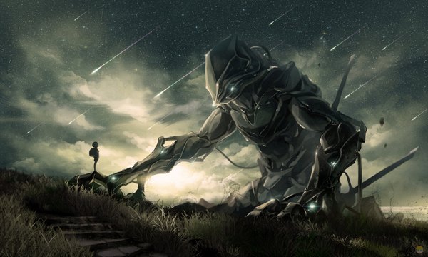Anime picture 1400x840 with original noeyebrow wide image standing sky glowing glowing eye (eyes) silhouette shooting star boy plant (plants) star (stars) grass backpack robot