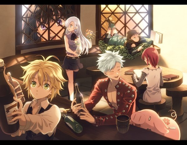 Anime picture 1200x930 with nanatsu no taizai a-1 pictures elizabeth liones diane (nanatsu no taizai) ban (nanatsu no taizai) meliodas king (nanatsu no taizai) hawk (nanatsu no taizai) ayamiya fumi long hair looking at viewer blush short hair open mouth blonde hair smile brown hair purple eyes twintails multiple girls