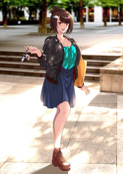 Anime picture 2480x3507 with original shijie jianfa single tall image looking at viewer fringe highres short hair open mouth smile hair between eyes brown hair standing holding cleavage full body outdoors blunt bangs :d pleated skirt