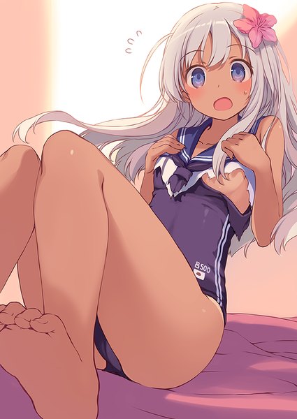 Anime picture 627x886 with kantai collection ro-500 submarine yashiro seika single long hair tall image looking at viewer fringe open mouth blue eyes light erotic sitting bare shoulders bent knee (knees) white hair barefoot bare legs embarrassed no shoes torn clothes