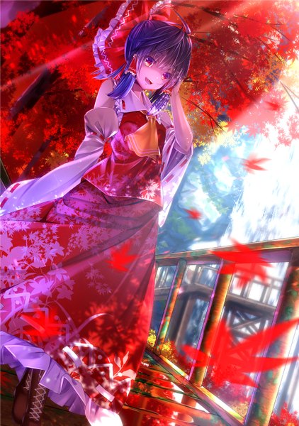 Anime picture 1000x1423 with touhou hakurei reimu ryosios single long hair tall image looking at viewer open mouth black hair red eyes traditional clothes miko girl skirt bow hair bow detached sleeves leaf (leaves) skirt set