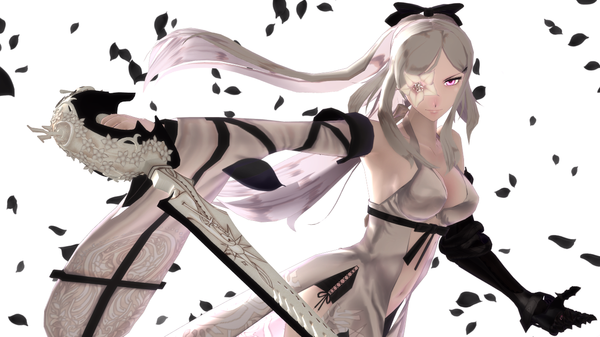 Anime picture 1280x720 with drakengard zero (drag-on dragoon) single long hair looking at viewer breasts simple background wide image large breasts standing white background bare shoulders white hair pink eyes wind bare belly flower over eye girl dress gloves