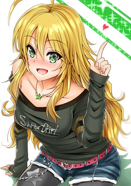 Anime picture 640x905 with idolmaster hoshii miki inu (marukome) single long hair tall image blush fringe breasts open mouth simple background blonde hair smile white background green eyes casual girl choker shorts belt
