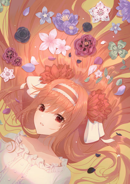 Anime picture 2480x3508 with original boori988 single long hair tall image looking at viewer blush fringe highres hair between eyes red eyes upper body lying parted lips hair flower orange hair on back dutch angle girl flower (flowers)