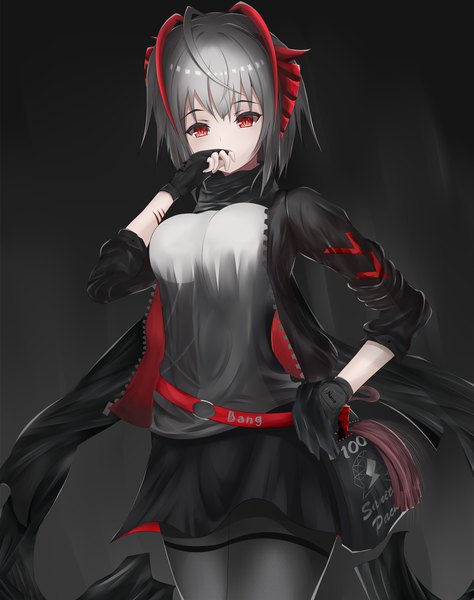 Anime picture 1579x2000 with arknights w (arknights) nanofarla single tall image looking at viewer fringe short hair breasts simple background red eyes standing silver hair ahoge horn (horns) open jacket dark background demon girl covered mouth girl