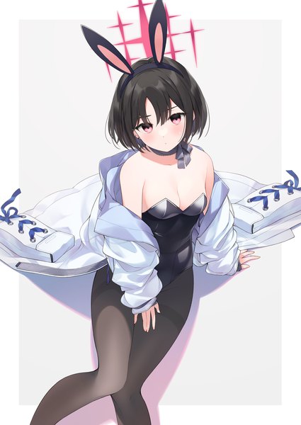 Anime picture 1063x1500 with blue archive misaki (blue archive) kano hito single tall image looking at viewer short hair light erotic black hair simple background animal ears cleavage pink eyes from above grey background arm support open jacket bunny ears alternate costume border