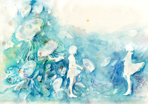 イラスト 2000x1414 と オリジナル highres 短い髪 multiple girls プロフィール 風 silhouette traditional media 水彩 女の子 2人女子 セーラー服 jellyfish
