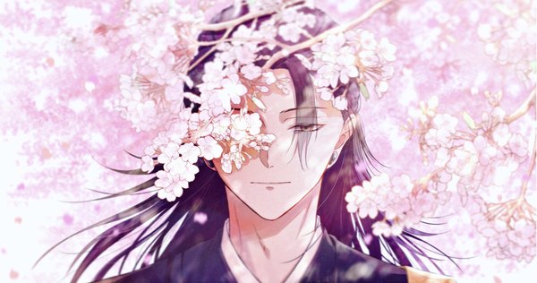 Anime picture 3449x1819 with jujutsu kaisen mappa getou suguru hama m single long hair fringe highres black hair wide image upper body hair over one eye cherry blossoms covering eye (eyes) spring boy flower (flowers) branch