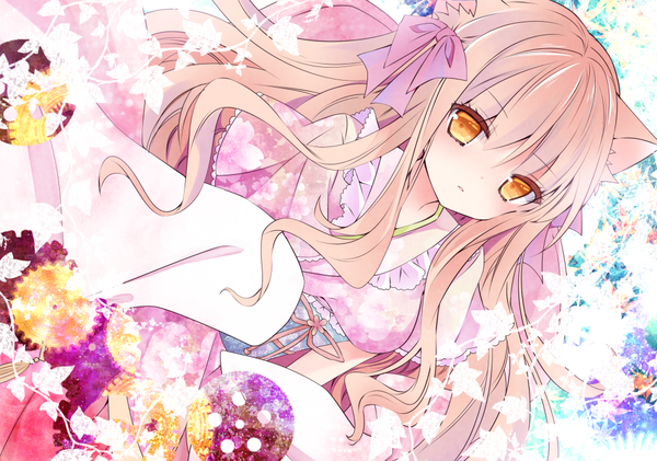 Anime picture 1000x703 with original nanase kureha nanase nao single long hair looking at viewer blush fringe hair between eyes animal ears pink hair traditional clothes parted lips japanese clothes cat ears short sleeves orange eyes dutch angle floral print wavy hair