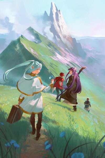 Anime-Bild 1200x1800 mit sousou no frieren frieren fern (sousou no frieren) stark (sousou no frieren) sein (sousou no frieren) pixiescout long hair tall image short hair twintails multiple girls silver hair purple hair full body outdoors red hair looking back from behind multiple boys mountain