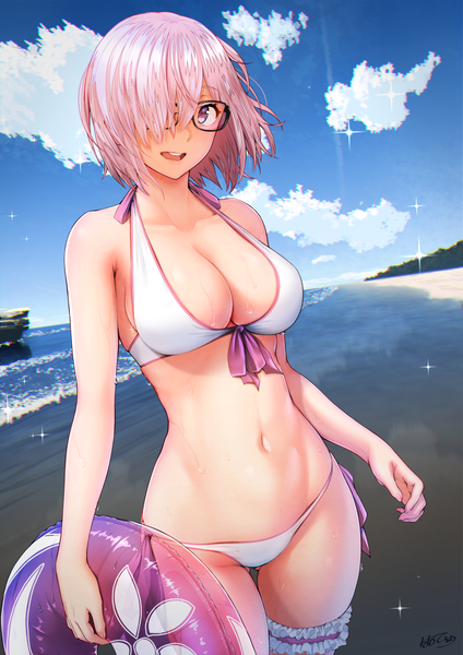 Anime picture 1071x1514 with fate (series) fate/grand order mash kyrielight nanahime (aoi) single tall image looking at viewer blush fringe short hair breasts light erotic smile large breasts standing purple eyes bare shoulders holding signed pink hair