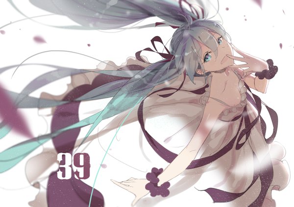Anime picture 1754x1240 with vocaloid hatsune miku lf single looking at viewer fringe highres breasts open mouth blue eyes simple background smile hair between eyes white background twintails bare shoulders very long hair from above wind aqua hair