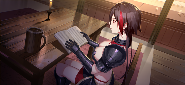 Anime picture 4334x2000 with romantic saga of beauty & devil daye bie qia lian single blush fringe highres short hair light erotic black hair red eyes wide image sitting holding looking away indoors multicolored hair two-tone hair streaked hair reading girl