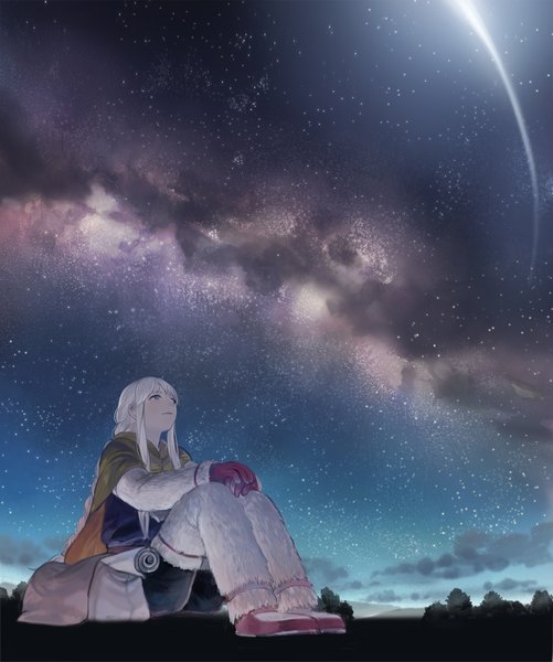 Anime picture 1000x1197 with original sime (echo) single long hair tall image fringe sitting purple eyes payot sky silver hair cloud (clouds) bent knee (knees) braid (braids) long sleeves light smile night from below night sky single braid