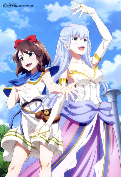 Anime picture 4070x5927 with lost song megami magazine finis (lost song) rin (lost song) itou tsubasa (artist) long hair tall image highres short hair breasts open mouth blue eyes smile brown hair multiple girls green eyes blue hair absurdres sky cloud (clouds)