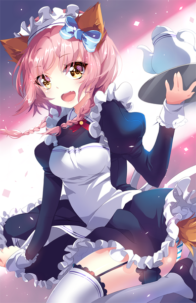 Anime picture 809x1250 with original squchan single long hair tall image fringe open mouth light erotic hair between eyes animal ears yellow eyes pink hair braid (braids) cat ears maid cat girl puffy sleeves twin braids girl thighhighs