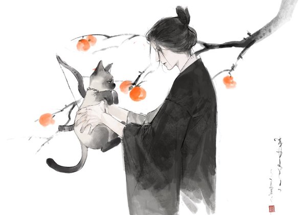 Anime picture 1200x841 with sekiro: shadows die twice from software emma the gentle blade mantangfeng single short hair standing holding traditional clothes japanese clothes profile wide sleeves monochrome spot color girl animal cat fruit branch persimmon