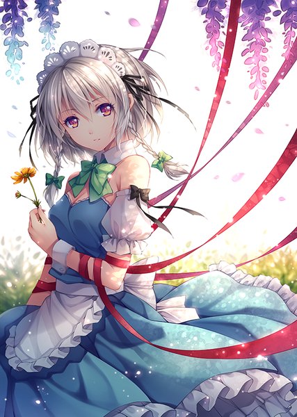 Anime picture 570x800 with touhou izayoi sakuya tidsean single tall image short hair red eyes white hair maid girl dress uniform flower (flowers) bow ribbon (ribbons) hair bow petals headdress maid headdress wisteria