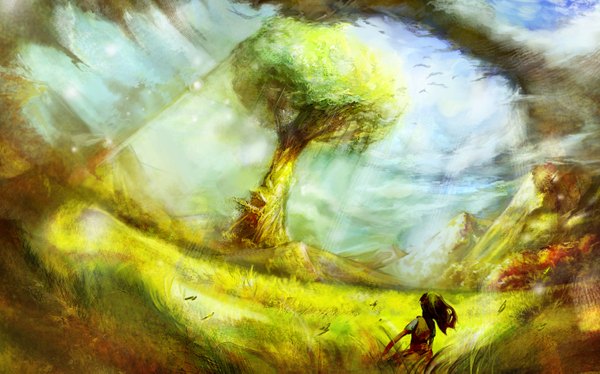 Anime picture 2788x1742 with original electrixocket single highres brown hair wide image from behind sunlight mountain landscape weightlessness field girl plant (plants) tree (trees) grass