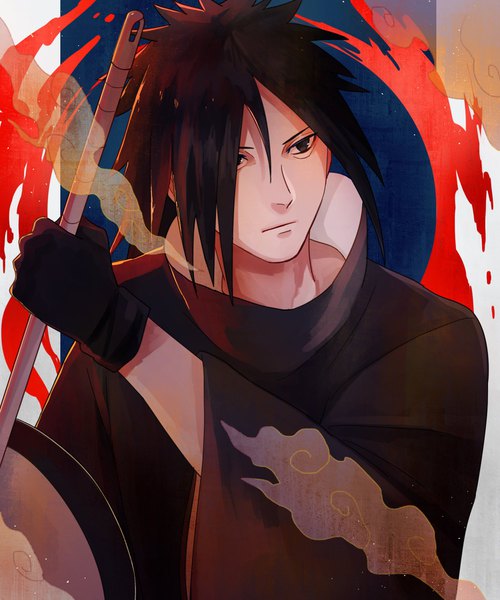 Anime picture 1500x1800 with naruto studio pierrot naruto (series) uchiha madara sosaka single long hair tall image fringe holding looking away upper body hair over one eye wide sleeves expressionless spiked hair boy gloves