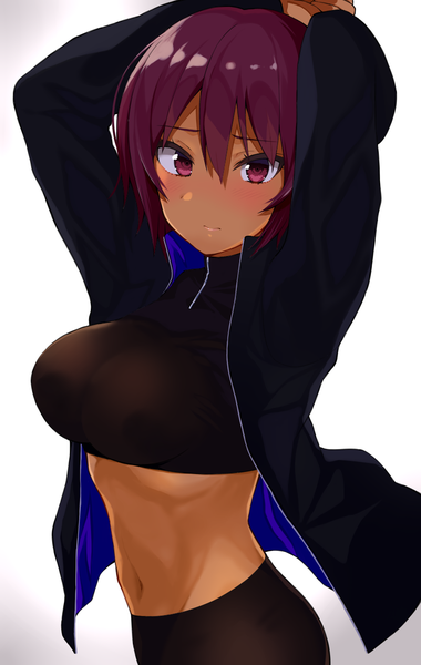 Anime picture 761x1200 with original gomashi (goma) single tall image looking at viewer blush fringe short hair breasts light erotic simple background hair between eyes large breasts standing white background purple eyes purple hair upper body long sleeves open clothes