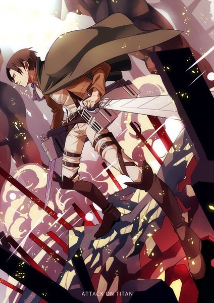Anime picture 723x1023 with shingeki no kyojin production i.g levi (rivaille) hajime (hajime-ill-1st) single tall image short hair brown hair brown eyes profile open jacket copyright name fighting stance boy weapon sword jacket belt thigh strap cape