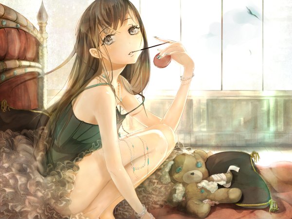 Anime picture 1200x900 with original keepout single long hair looking at viewer black hair nail polish black eyes mouth hold squat nail art girl dress bracelet pillow necklace beads teddy bear