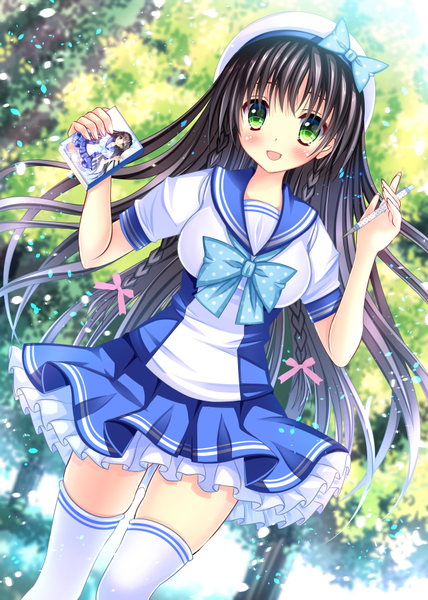 Anime picture 642x900 with original yuzukaze rio single long hair tall image looking at viewer blush open mouth black hair green eyes girl thighhighs dress bow plant (plants) white thighhighs tree (trees) beret