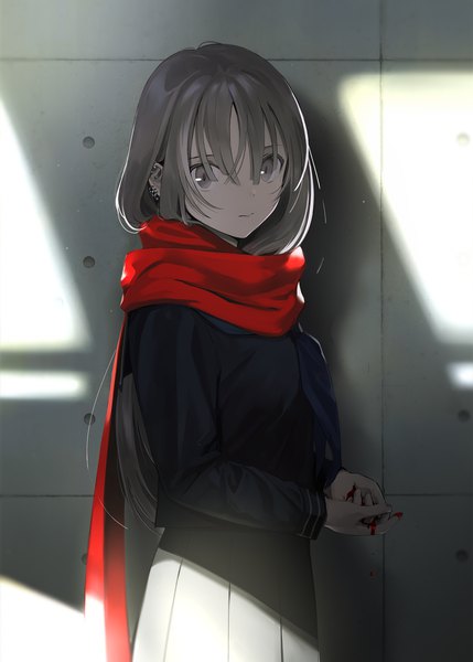 Anime picture 1200x1679 with original urata asao single long hair tall image looking at viewer fringe hair between eyes standing pleated skirt grey hair shadow grey eyes piercing light ear piercing against wall girl skirt scarf