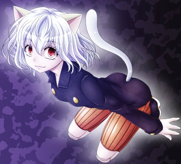 Anime picture 1500x1364 with hunter x hunter neferupito watarui single looking at viewer short hair animal ears silver hair animal tail pink eyes cat ears cat girl cat tail flat chest doll joints girl